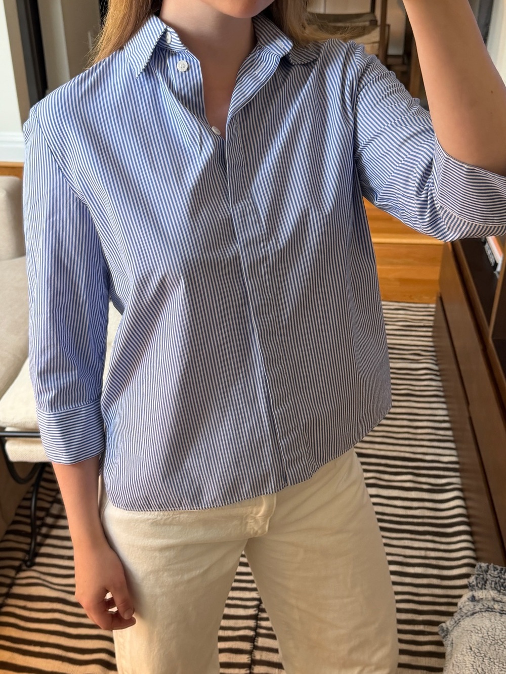 Zara Blue and White Pinstripe Button-Down Shirt